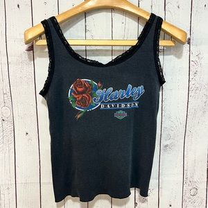 Vtg Harley Davidson Black Lace/Roses Tank! Made in USA